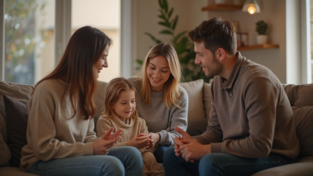 Семья обсуждает финансовые цели в домашней обстановке